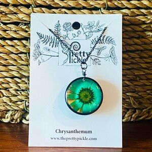 Botanical Necklace 24”,  Teal Chrysanthemum  Flower Pressed